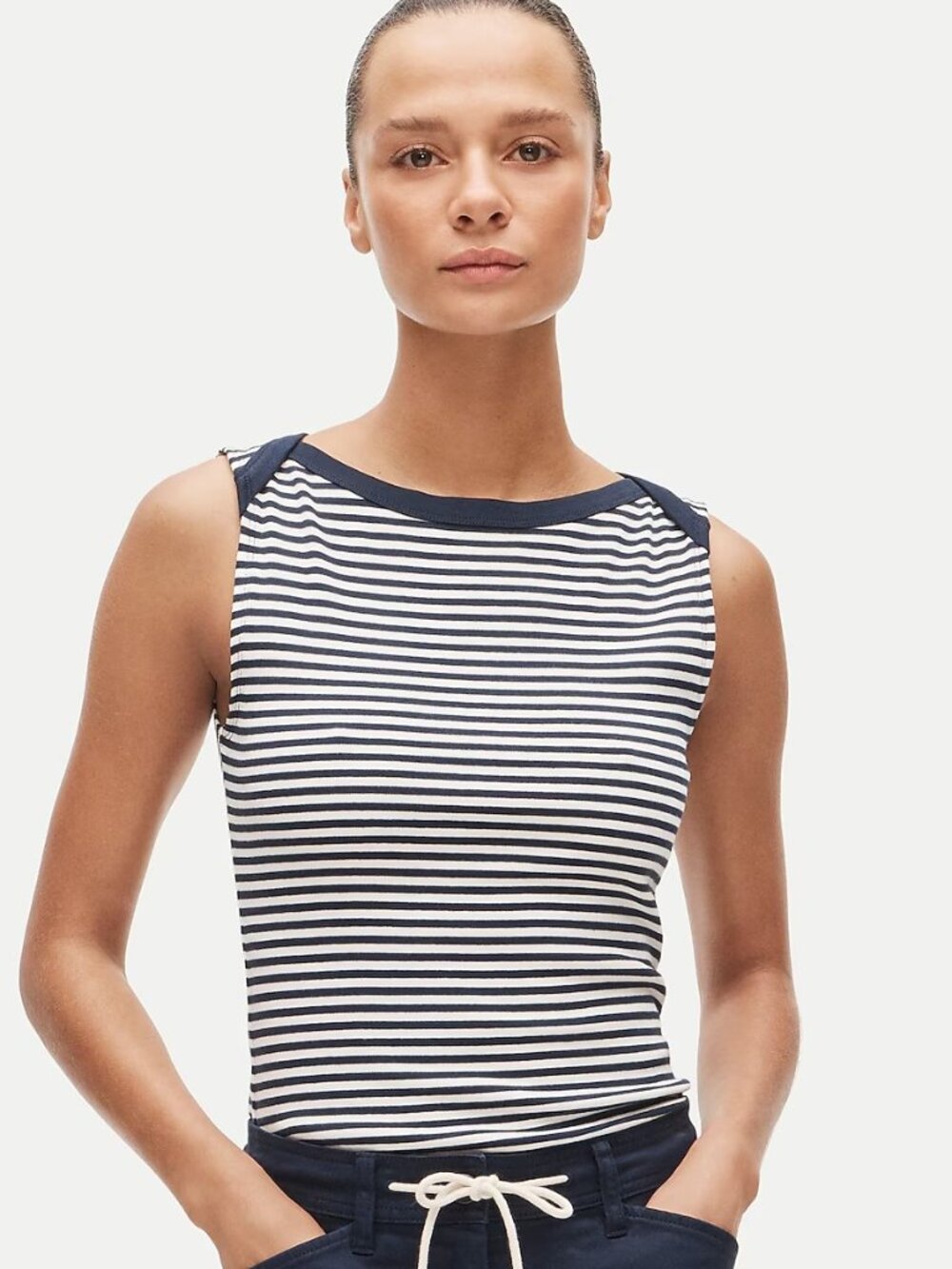 J. Crew Perfect-Fit Boatneck Tank Top in Stripe Navy and Ivory